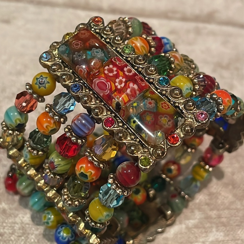 Sweet Romance Red and Blue Mosaic Cuff Bracelet Millefiore